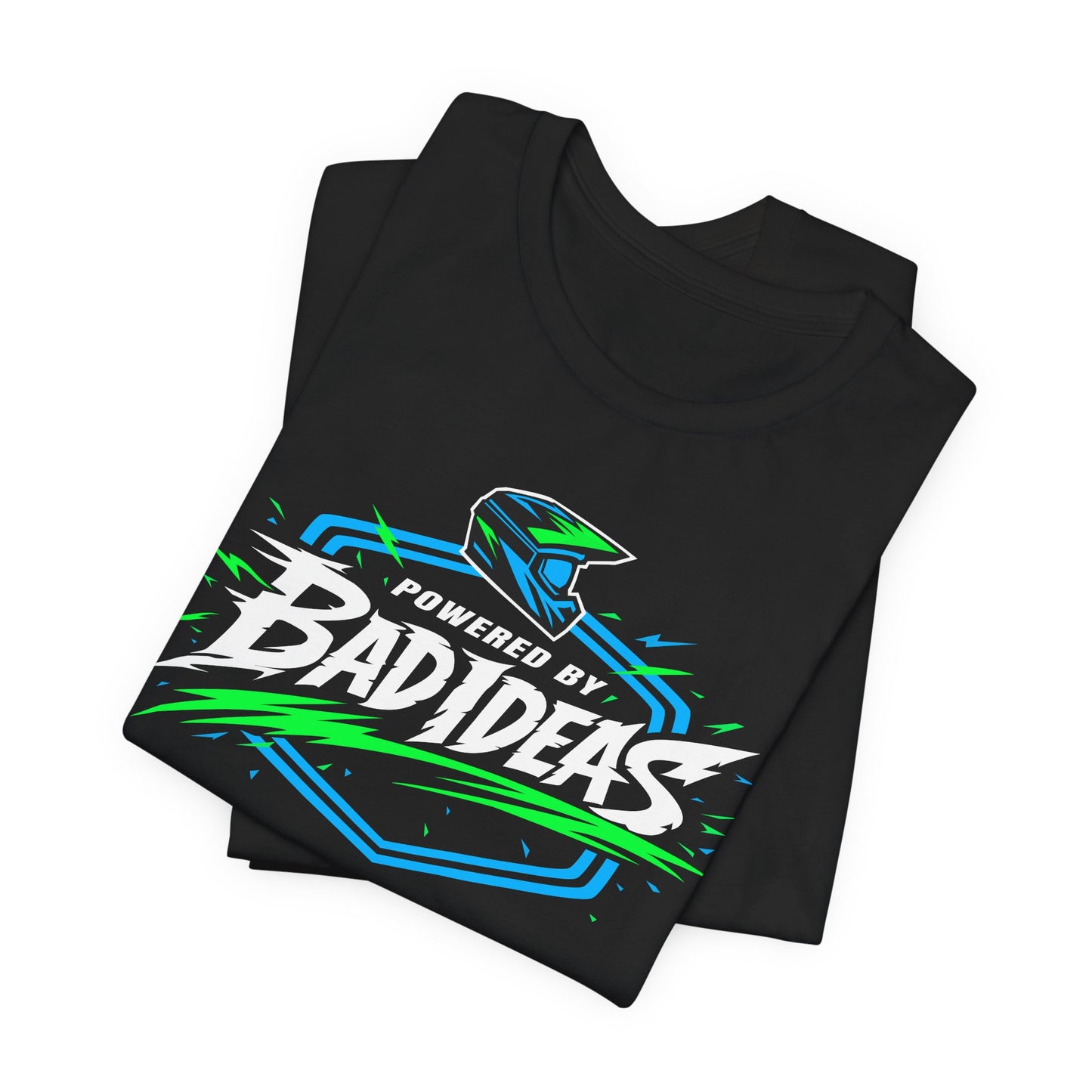 Black t-shirt with 'Powered by Bad Ideas' graphic design on a white background