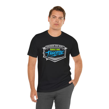 Man wearing a black t-shirt with a blue graphic design on a white background