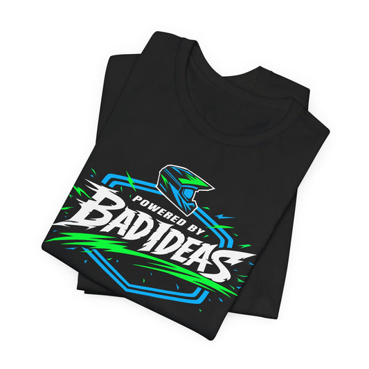 Black t-shirt with 'Powered by Bad Ideas' graphic design on a white background