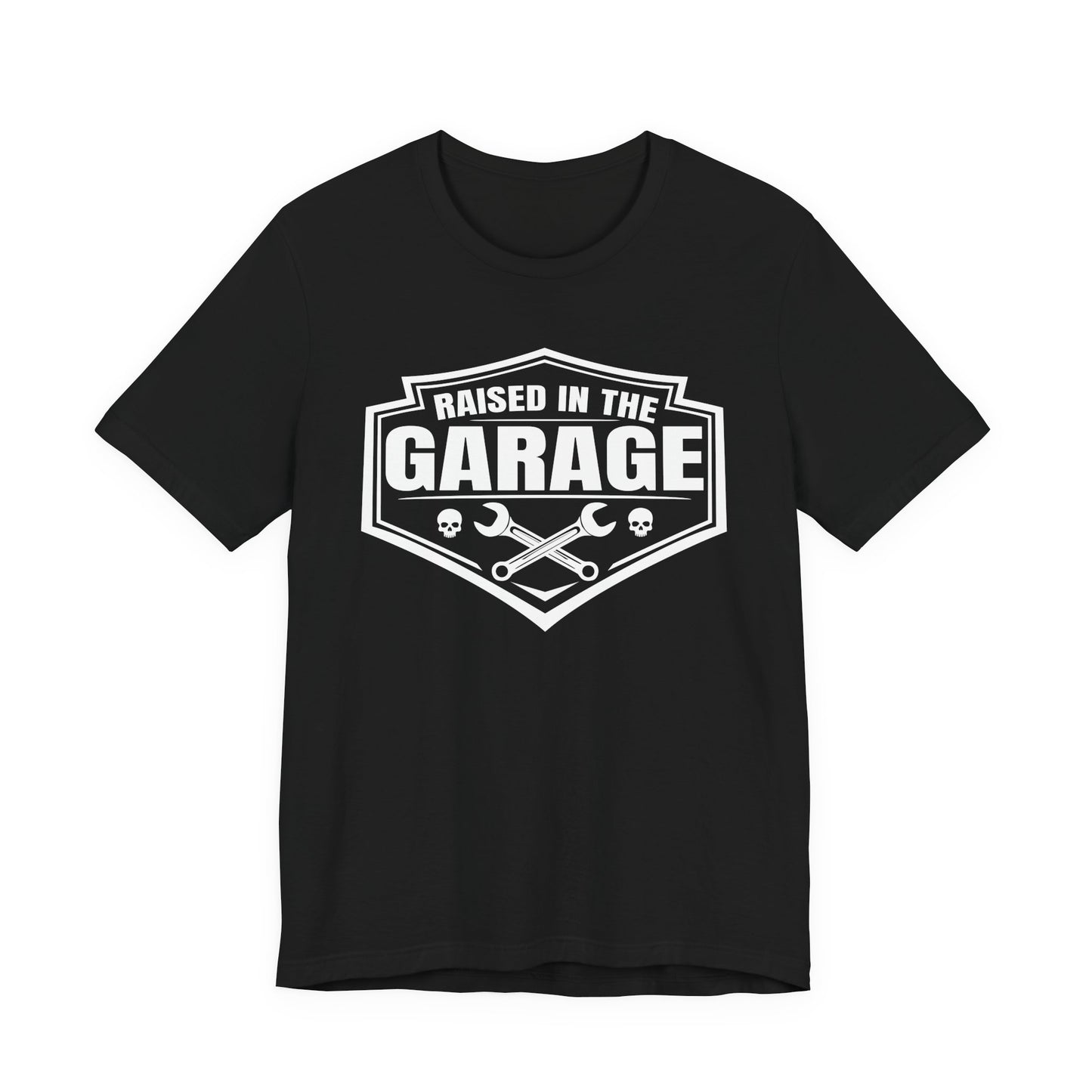 Black t-shirt with 'Raised in the Garage' graphic design on a white background