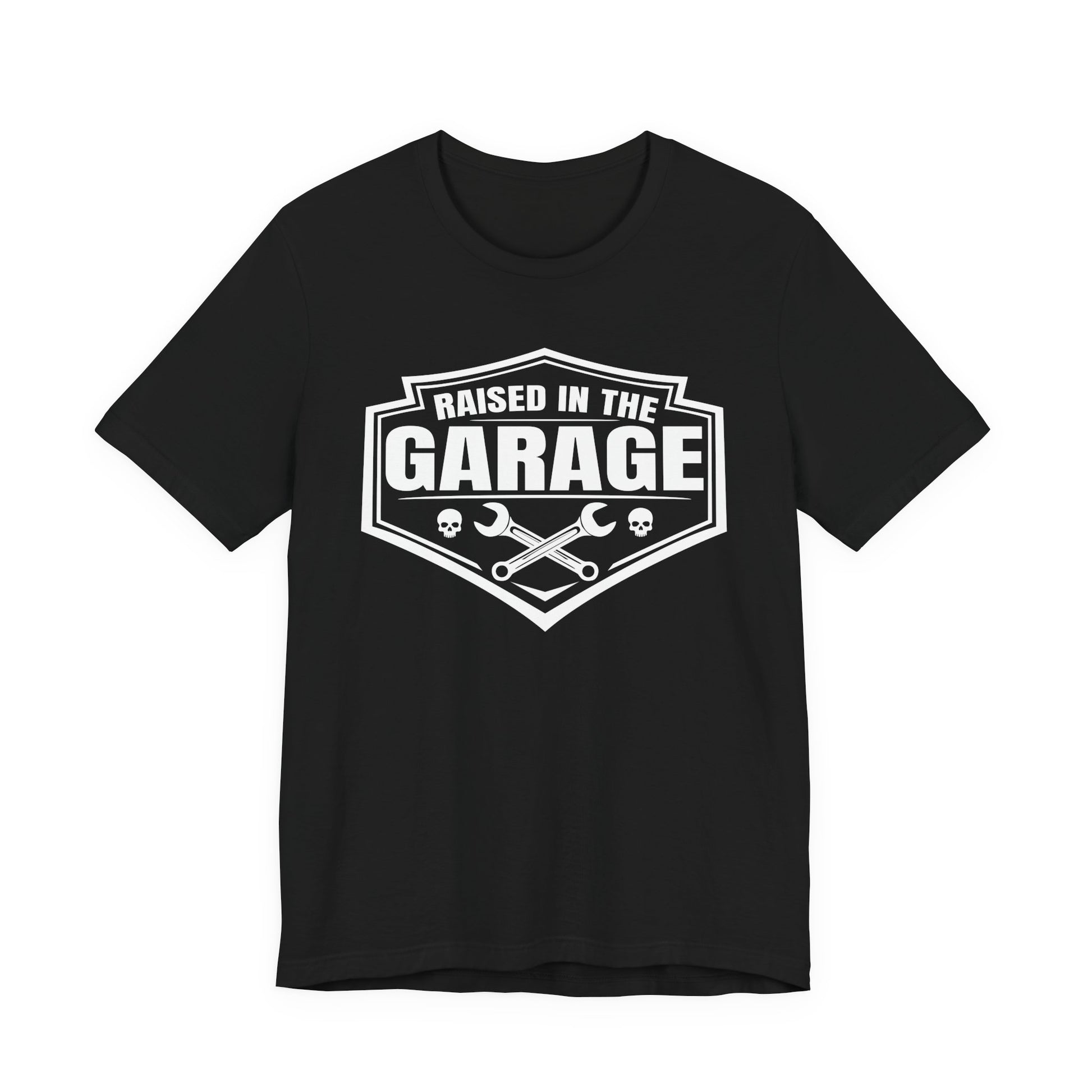Black t-shirt with 'Raised in the Garage' graphic design on a white background