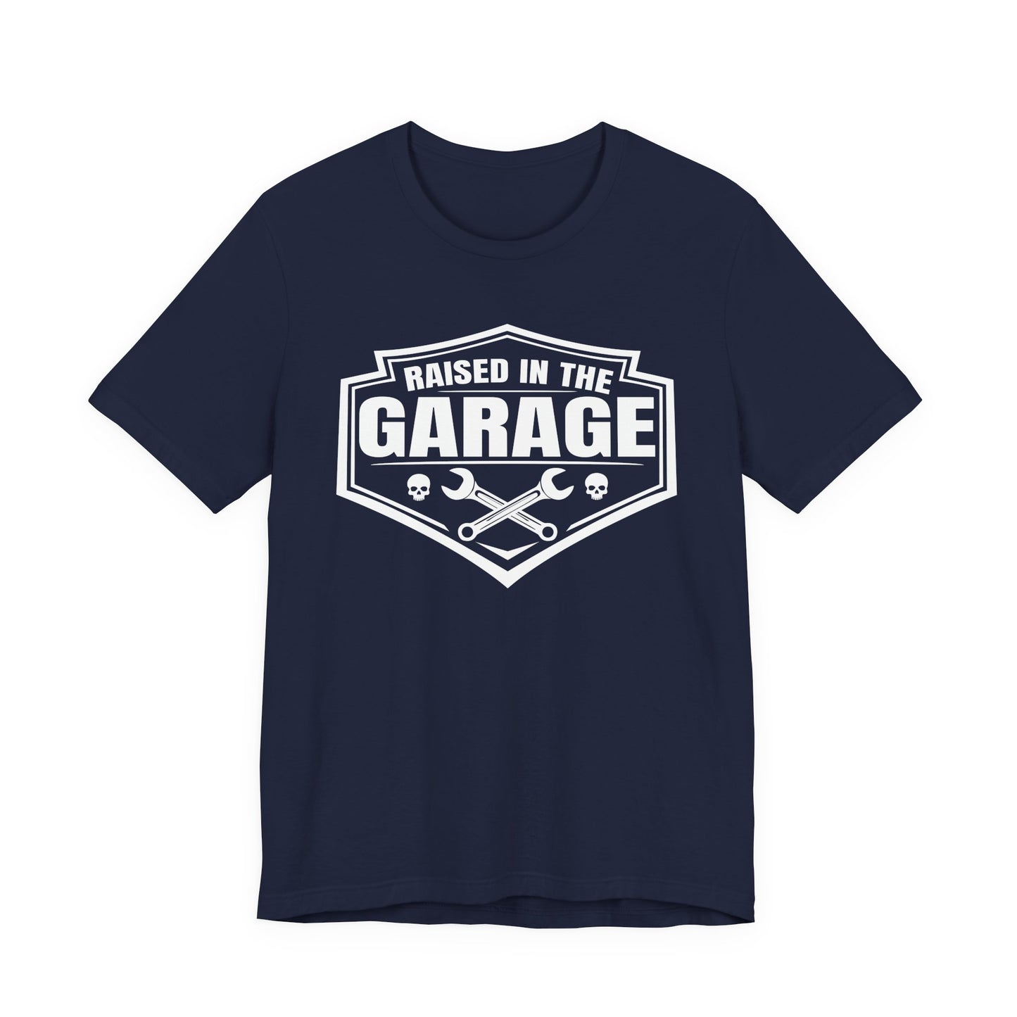 Navy Blue t-shirt with wrenches and skulls with "raised in the garage" text on a white background